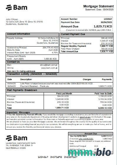 Gwatemala Bank Agromercantil wyciąg z kredytu hipotecznego szablon Word i PDF
